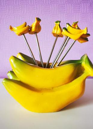 Вилки для фруктов овощей шпажки в подставке жёлтые бананы