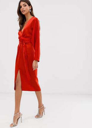 Стильное атласное платье с поясом asos disign