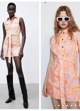 Платье халат цветной джинс с пояском, zara