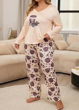 Женская пижама кофта с длинным рукавом с штанами xl-5xl кофе