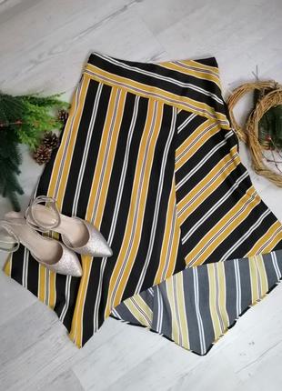 Оригинальная асимметричная юбка в полоску чёрная горчичная белая f&f2 фото