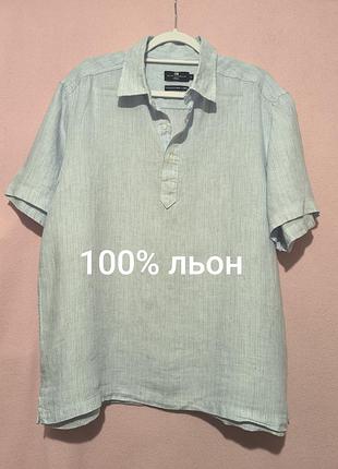 Рубашка поло с короткими рукавами льняная голубая marks & spencer