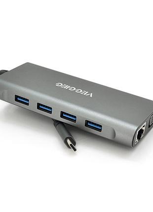 Хаб-конвертор veggieg tc11-s type-c (папа) на type-c(мама) + usb3.0*3(мама) + hdmi(мама) + jack3.5(мама) + sd/tf + rj45, 10 см,