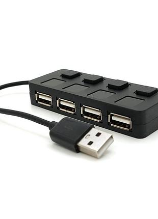 Хаб usb 2.0 4 порти, black, 480mbts живлення від usb, з кнопкою led/blue на кожен порт, blister q100