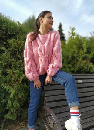Женский вязаный объёмный свитер с косой из мохера лёгкий пушистый ручная работа💗6 фото