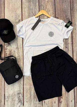 Комплект stone island 4 в 1 - футболка шорти кепка сумка, білий з чорним 57765