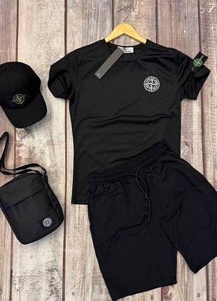 Комплект stone island 4 в 1 - футболка шорти кепка сумка чорний  57766