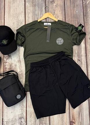 Комплект stone island 4 в 1 - футболка шорти кепка сумка хакі 57767