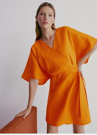Льняное оранжевое летнее платье-миди от massimo dutti
