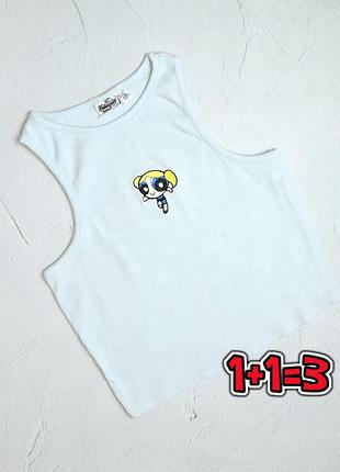 🎁1+1=3 нежный женский голубой топ майка рубчик powerpuff girls primark, размер 48 - 50