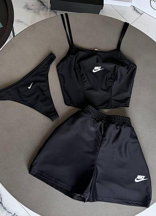 Костюм тройка с шортами, стрингами и топом с логотипом nike