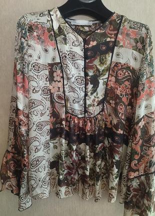 Женская блуза, цветочный принт, полиэстер, нежные цвета, размер l, бренда zara