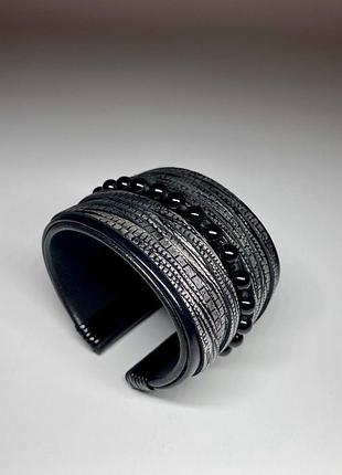 Кожаный браслет/ женский браслет/ браслет с бусинами/ браслет из оникса/ широкий браслет