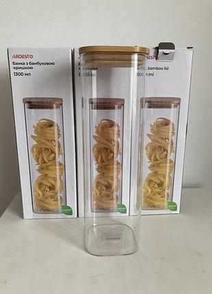 Банки скляні з бамбуковою кришкою ardesto. 1300 мл. набір 3 шт
