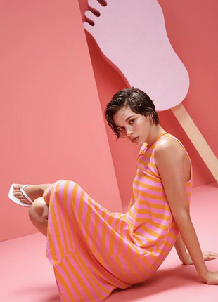 Махровый миди сарафан в оранжево-розовую полоску zara #3839