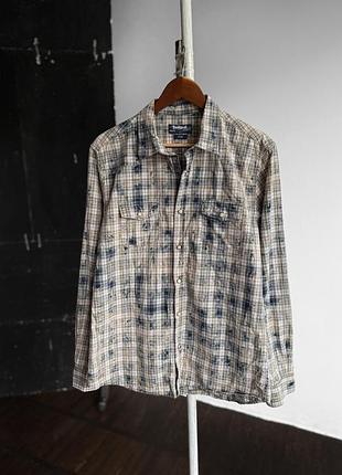 Desigual mens beige white check long sleeve button up shirt slim fit чоловіча сорочка з довгим рукавом