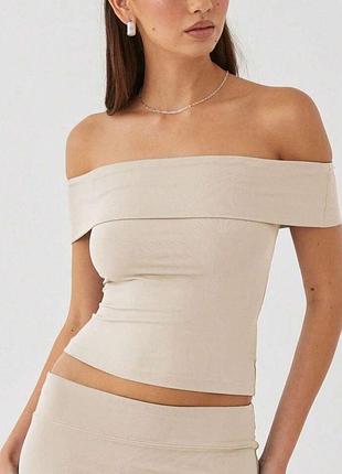 Топ з спущеними плечима жіночий h&m, відкриті плечі, подовжений топчик, майка трикотажна, у рубчик, бежевий