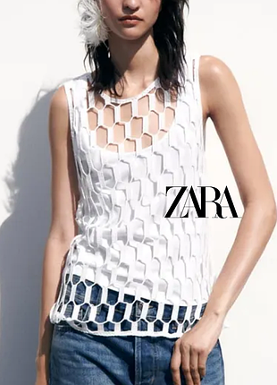 S zara топ двойная майка трикотажная с вязанной сеткой без рукава белая двухслойная женская летняя