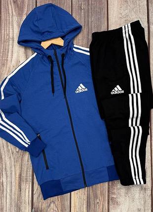 Мужской демисезонный спортивный костюм adidas синий черный s 46 | зип худи и штаны адидас лето осень двунитка с лампасами