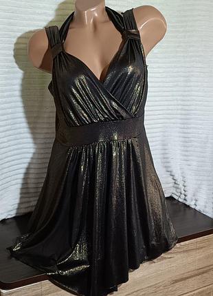 Блуза туника нарядная черно золотистая плюс сайз батал с глубоким декольте