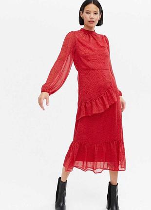 Прозрачное шифоновое миди платье с оборками платья длинный рукав