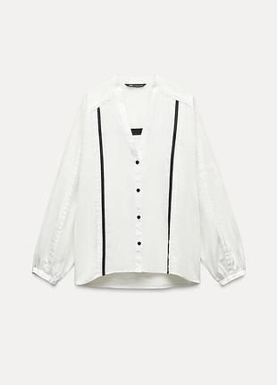 New біла лляна сорочка zara з довгим рукавом і мереживом блуза бавовняна з льоном зара 8480/738