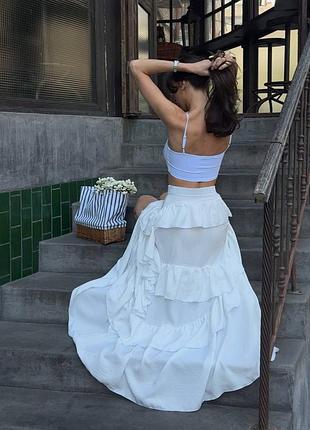 Макси юбка многослойная воланы рюши высокая посадка праздничный лен бохо вечерняя