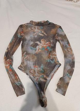 Боді з принтом та вирізом на пальчик