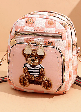 Модная женская детская мини сумочка с мишкой на плечо розовая