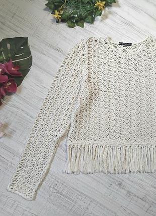 Джемпер кроше zara вязаный женский с бахромой, макрай, натуральный