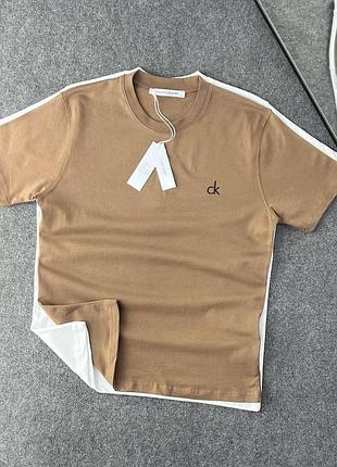 Мужская футболка calvin klein на лето бежевого цвета premium качества