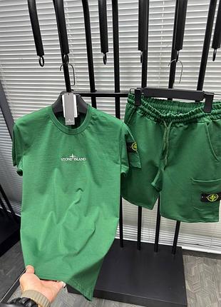 Мужской спортивный костюм stone island на лето зеленого цвета premium качества