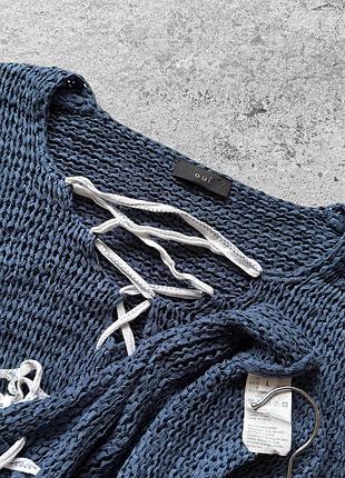 Oui womens navy blue knit lace up sweater pullover acrylic nylon blend long sleeve boho style жіночий светр, темно-синій, вʼязаний, з шнурівкою 3