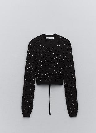 Вʼязаний кроп-топ з відкритою спинкою від zara з перлинками