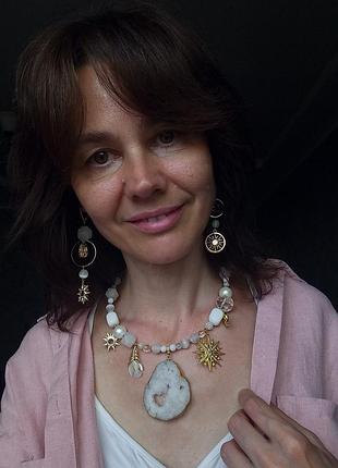 Комплект "сияющая" горный хрусталька кварц жемчуга майорка агат кошачий глаз