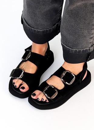 Черные базовые босоножки для девушек на любой возраст, натуральный премиум замша, открытый носок подошв