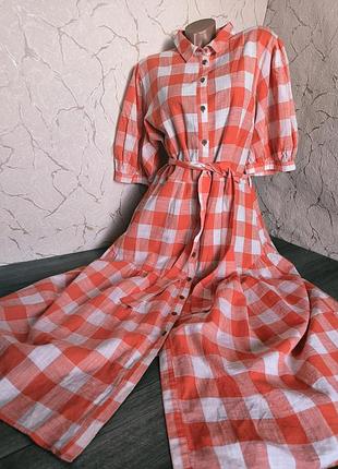 Платье длиный хлопок белый/ красная клетка