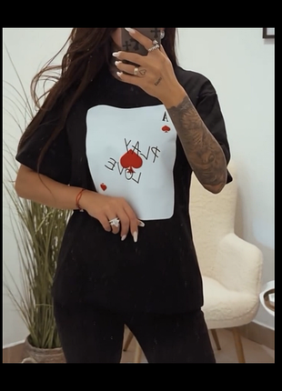 Роскошная футболка черная принт оверсайз карта туз