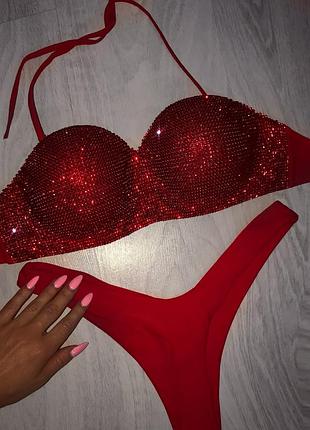 Роскошный красный алый пуш ап купальник камни стразы люкс