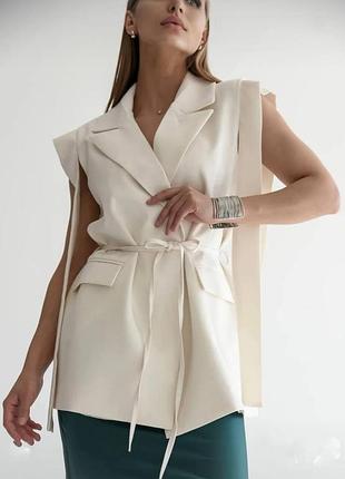 Стильна класична жилетка силуетна з поясом 🤎 турецька костюмка, підкладка, повноцінні кишені | 42-44, 46-48 мод 470