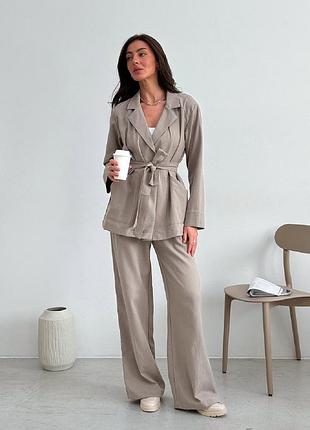 Льняной костюм пиджак жакет с поясом и брюки лен