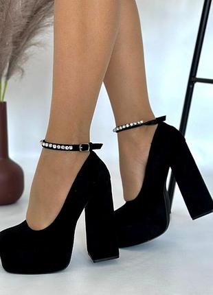 Накладной платеж ❤ замшевые праздничные туфли на широком высоком каблуке с ремешком камешки