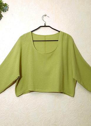 Блуза укороченная женская кроп летняя светло-зеленая/салатовая цельный рукав три четверти хлопок