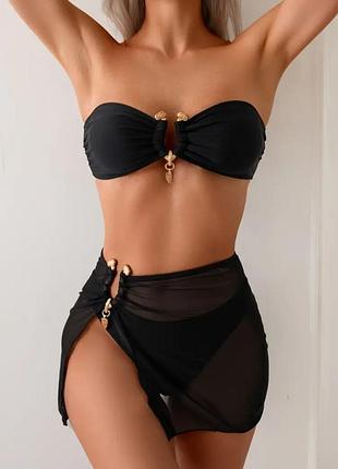 Черный женский раздельный купальник бандо пляжный комплект с парео юбкой платьем туникой