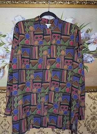Шелковая рубашка блуза блузка шелк принт геометрический длинный рукав размер м шелковая рубашка шалк винтаж этно бохо