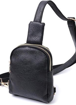 Небольшая женская сумка через плечо на два отделения из экокожи черный vintage 22784