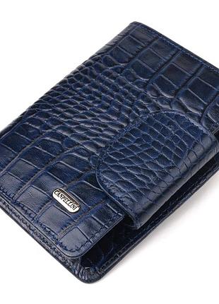 Практичный вертикальный женский кошелек из натуральной кожи с тиснением под крокодила синий canpellini 21677