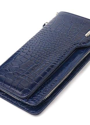 Интересное портмоне клатч из натуральной кожи с тиснением под крокодила синее 20х10,5х3 см canpellini 21539