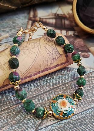 🔺🪷✨ шикарный браслет клуазоне и натуральный граненый цоизит