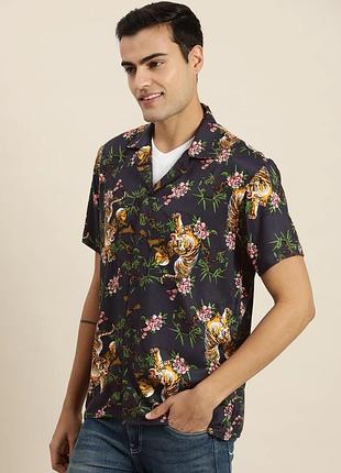 Primark тенниска гавайка принт тигр цветы темно синя гавайская рубашка темная вискоза